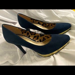 Cute gold trim blue suede heels